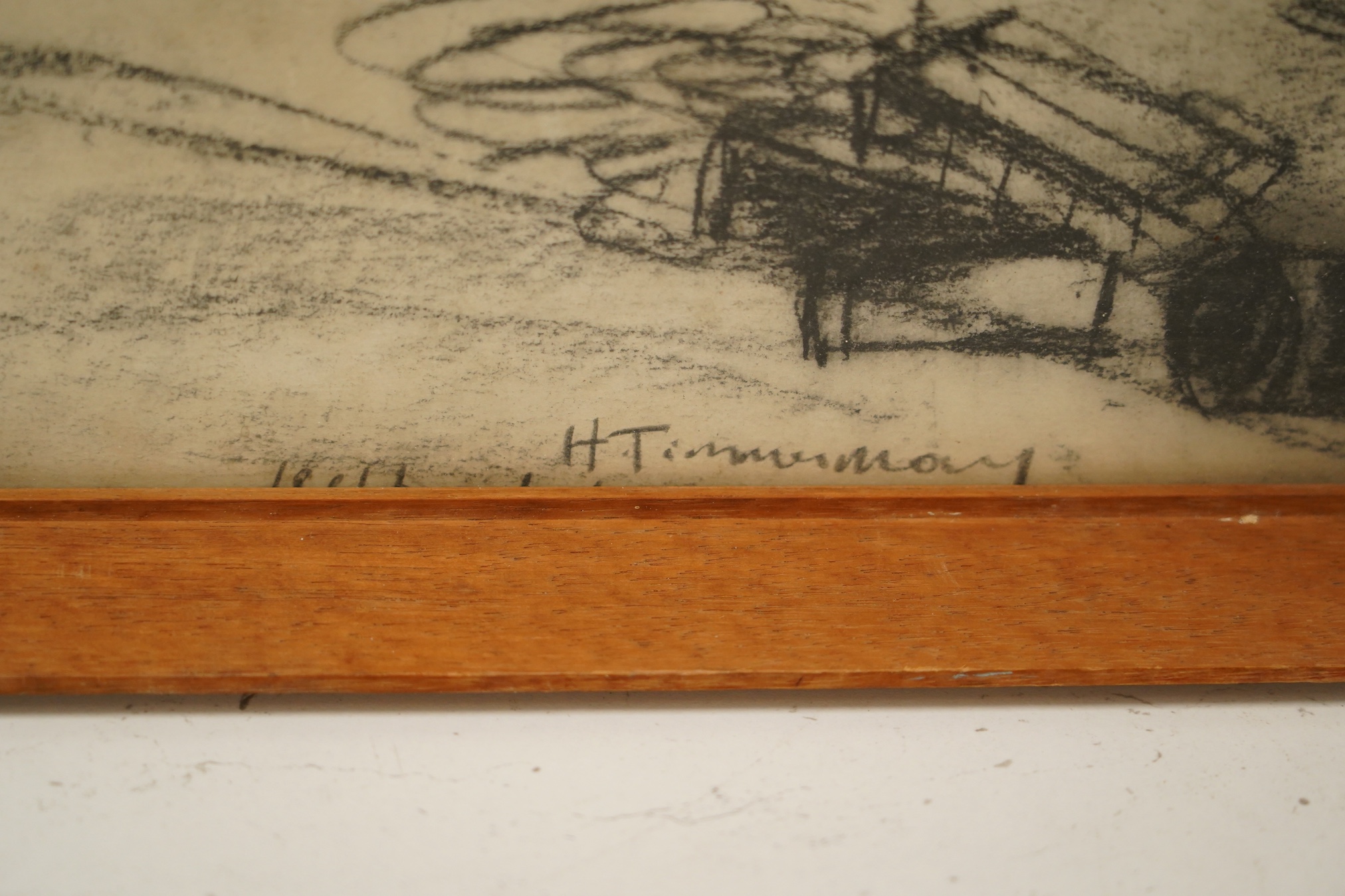 Irish School, charcoal, Harbour view with moored fishing boats, indistinctly inscribed, 28 x 40cm. Condition - fair